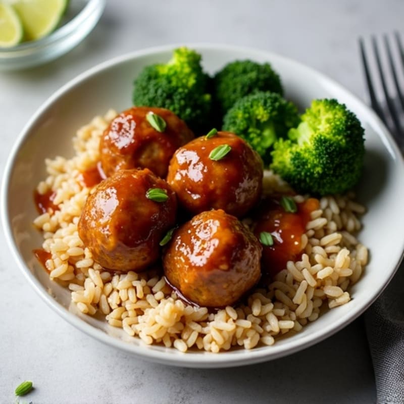 Lean Sticky Teriyaki Meatballs with Roasted Broccoli and Fluffy Brown Rice