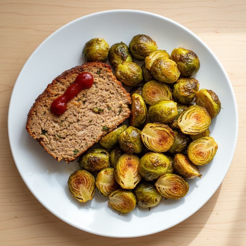 Crispy Roasted Brussels Sprouts with Tender Meatloaf