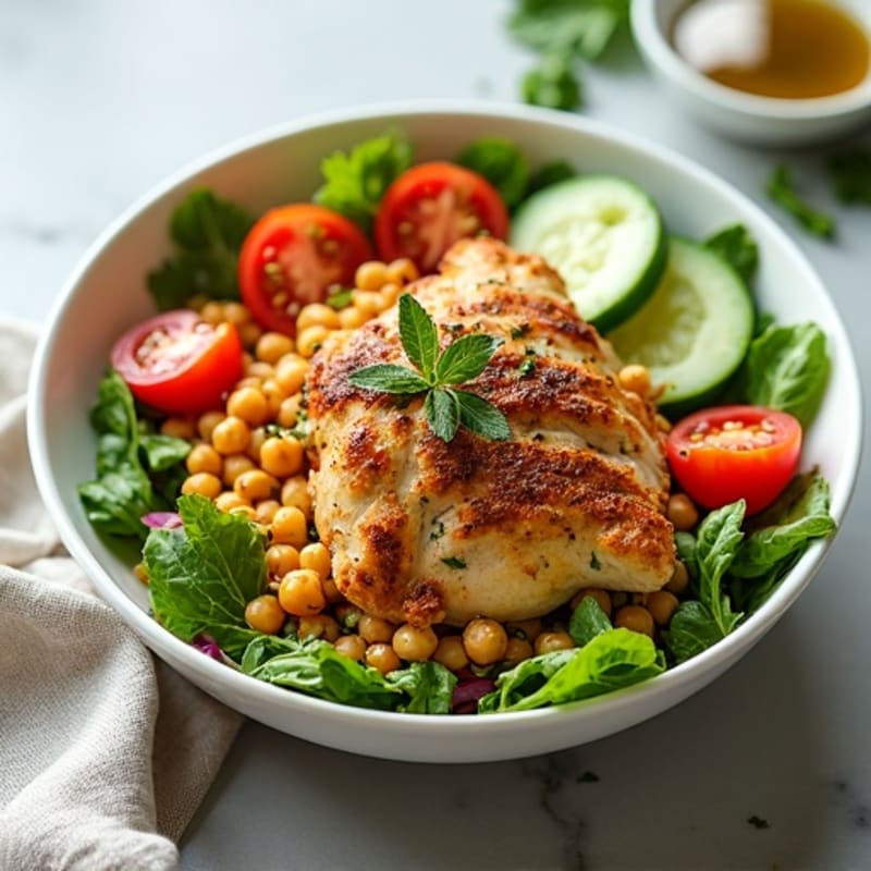 Lemon Herb Chicken and Crispy Chickpea Salad Bowl