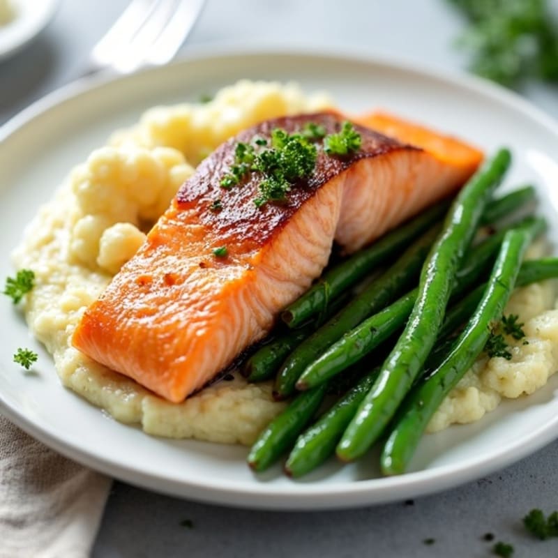 Seared Salmon Fillet with Garlic Green Beans and Cauliflower Mash