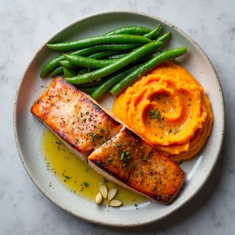 Seared Salmon Fillet with Garlic Green Beans and Sweet Potato Mash