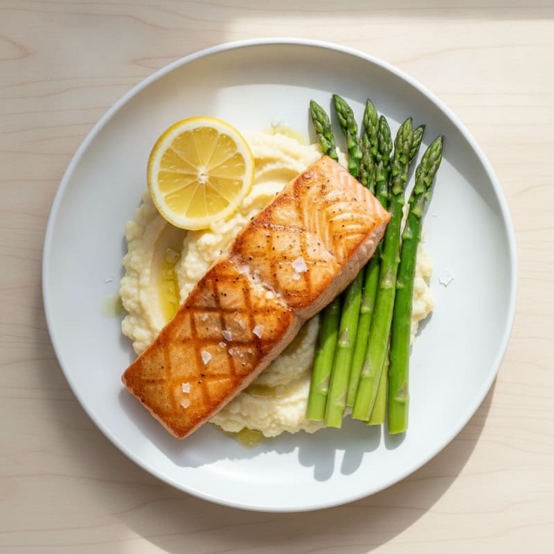 Seared Salmon with Steamed Asparagus and Cauliflower Mash