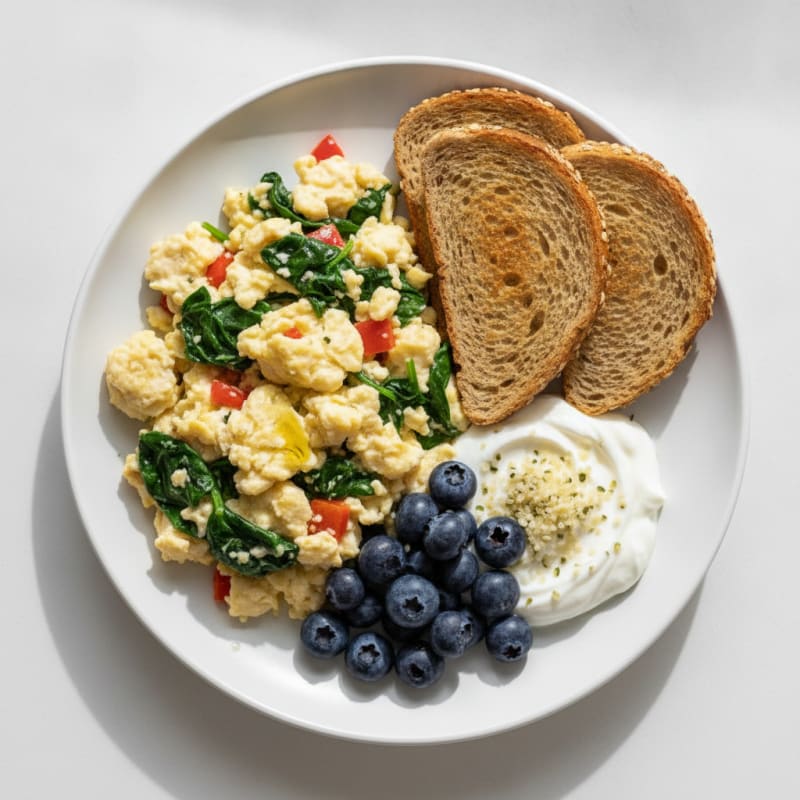 Egg White Veggie Scramble with Greek Yogurt and Fresh Berries