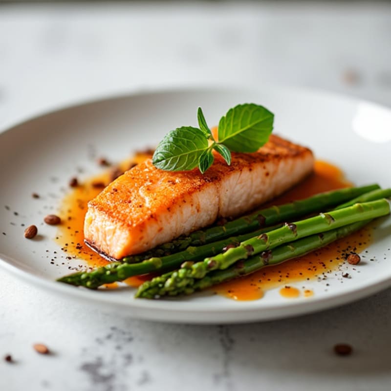 Seared Salmon with Roasted Asparagus and Sweet Potato