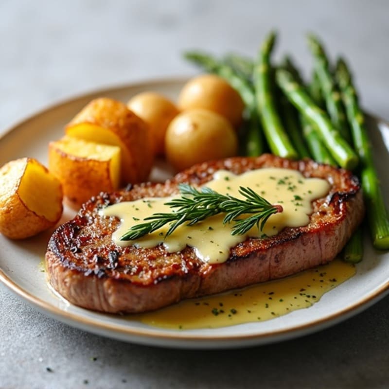 Pan-Seared Garlic Butter Steak with Crispy Roasted Potatoes and Asparagus