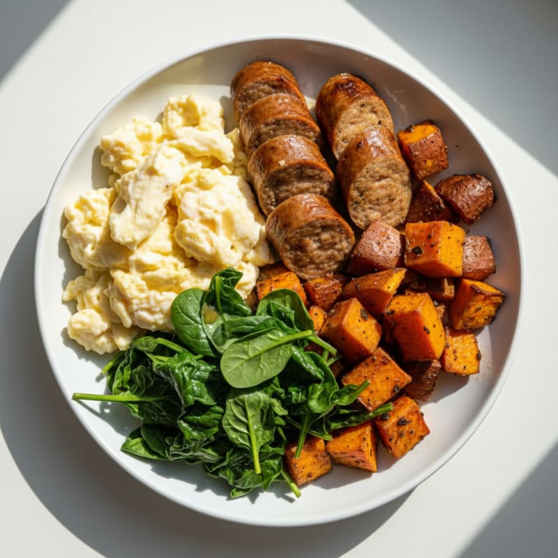 Scrambled Eggs with Chicken Sausage and Roasted Sweet Potatoes