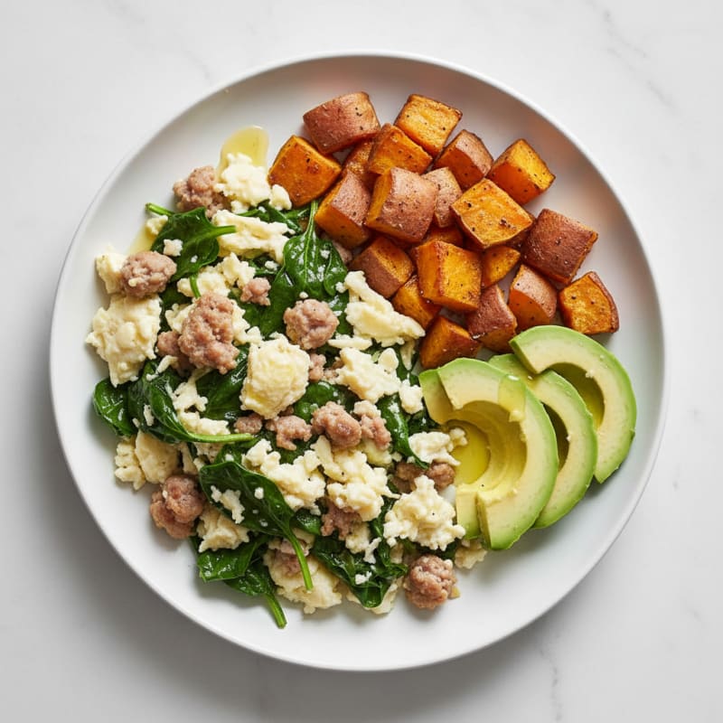 Egg White and Turkey Sausage Scramble with Sautéed Spinach