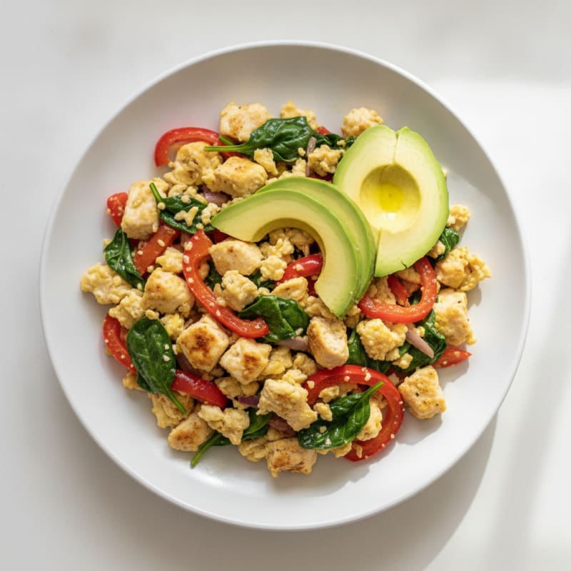 Egg White and Chicken Veggie Scramble with Spinach and Bell Peppers