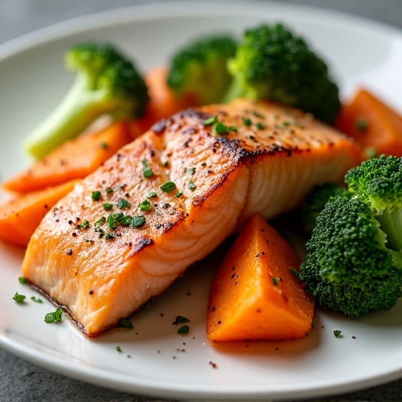 Seared Salmon with Roasted Sweet Potatoes and Steamed Broccoli