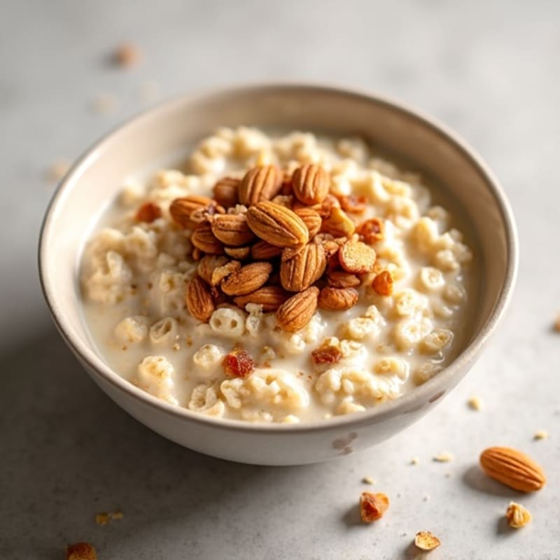 Creamy Vanilla Protein Oats with Crispy Toasted Nut Topping