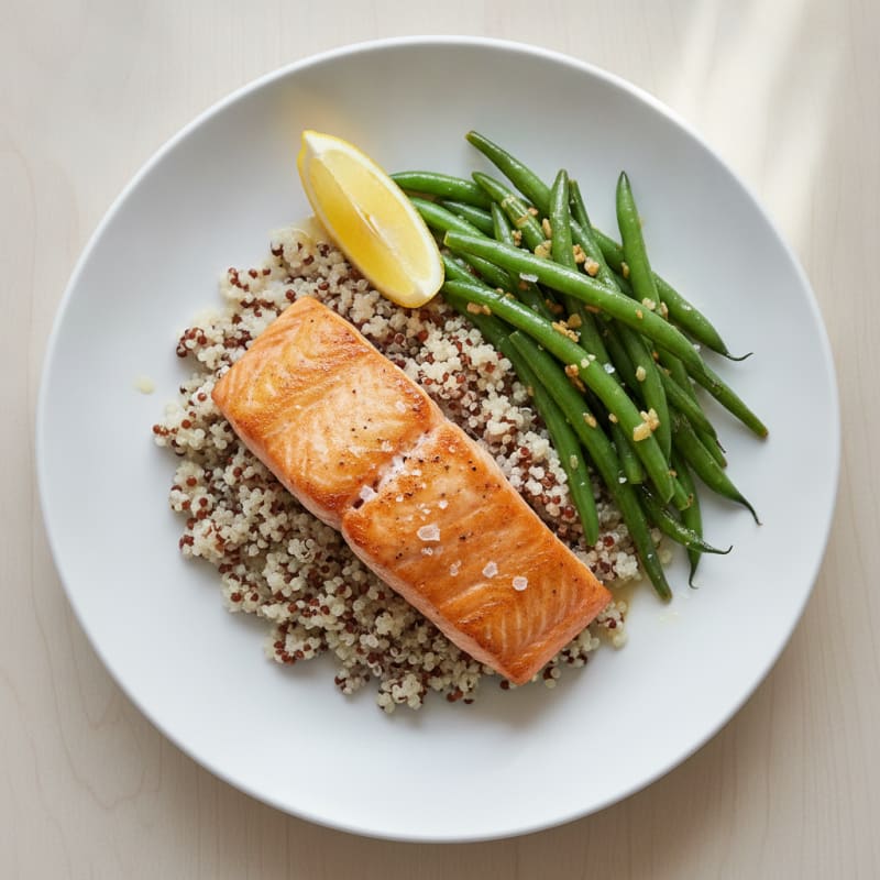 Seared Salmon Fillet with Garlic Green Beans and Quinoa