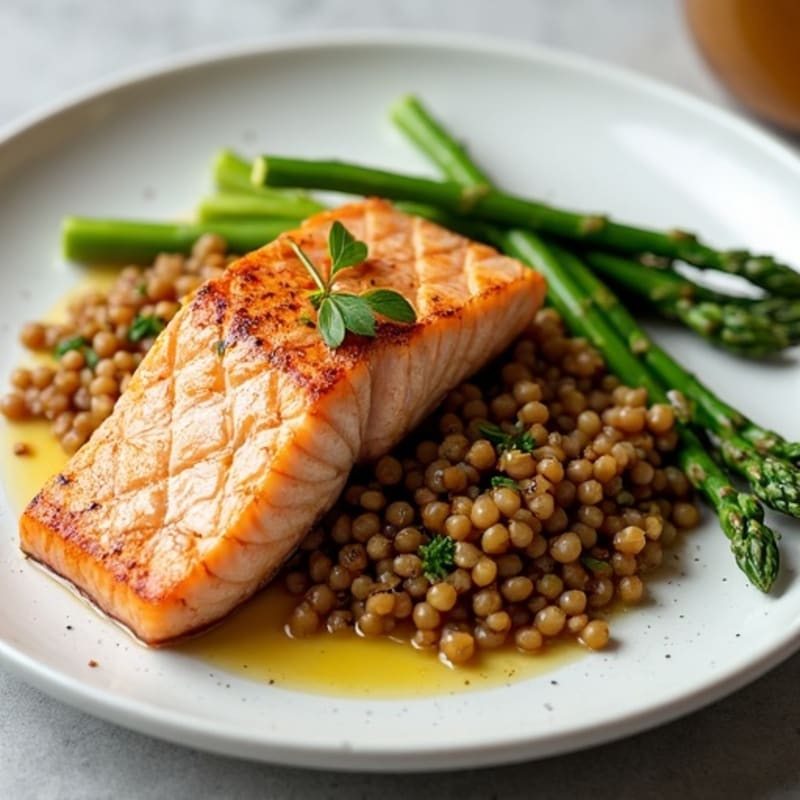 Seared Salmon with Lentil Pilaf and Steamed Asparagus