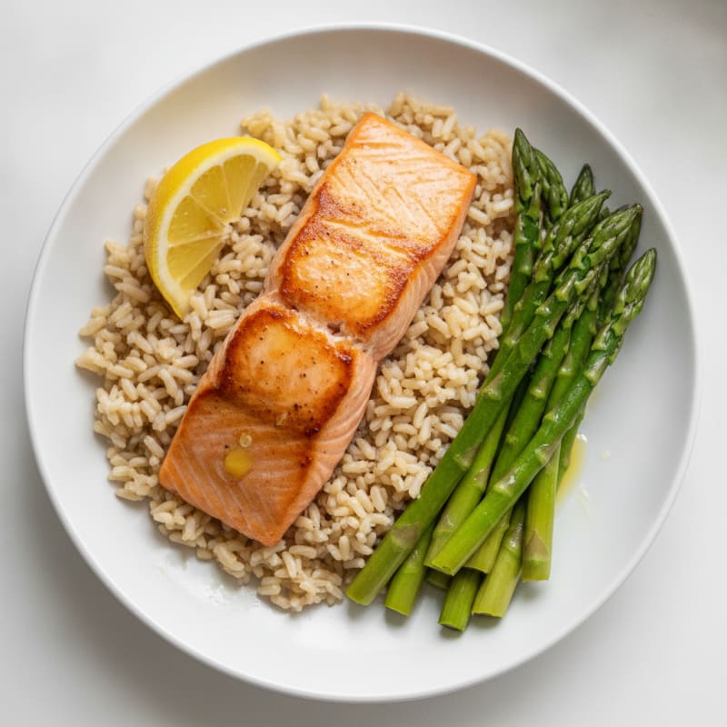 Seared Salmon with Steamed Asparagus and Brown Rice