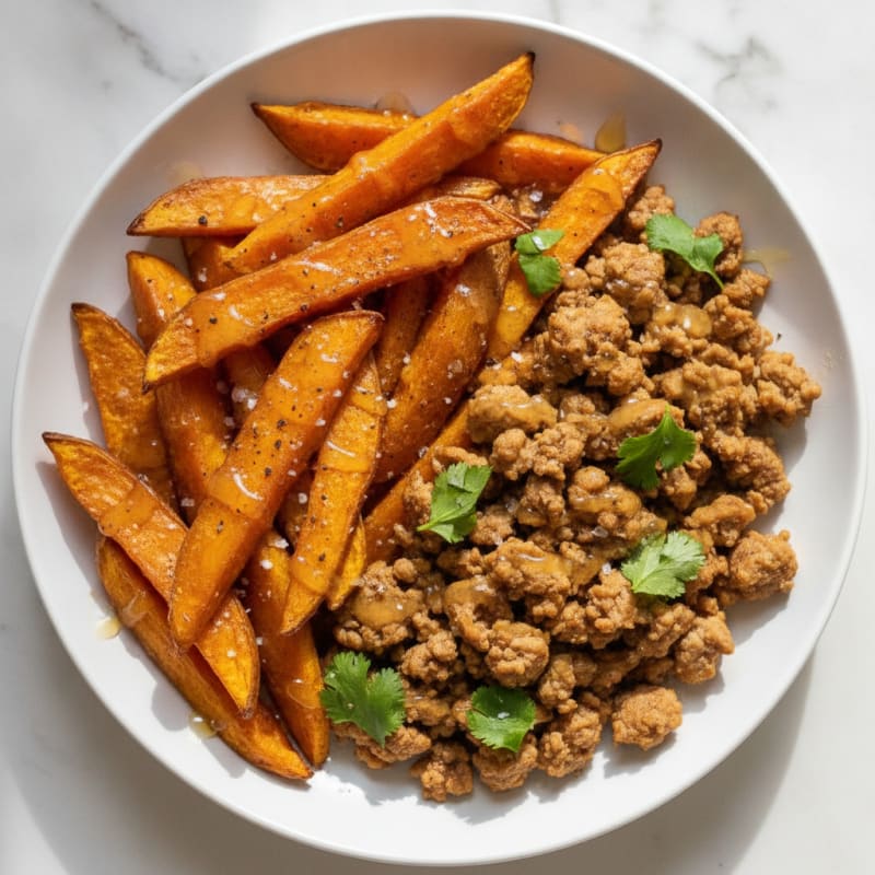 Baked Sweet Potato Fries with Honey-Lime Drizzle & Spiced Turkey