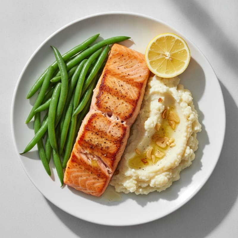 Seared Salmon with Steamed Green Beans and Garlic Mashed Cauliflower