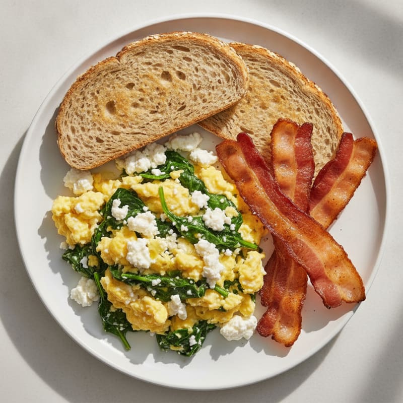 Cottage Cheese Egg Scramble with Spinach and Turkey Bacon