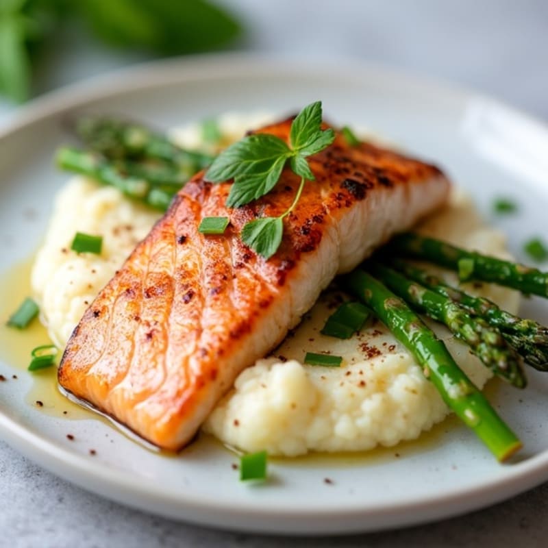 Pan-Seared Salmon with Roasted Asparagus and Cauliflower Mash