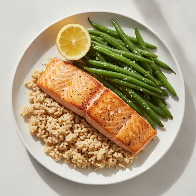 Seared Salmon with Steamed Green Beans and Brown Rice