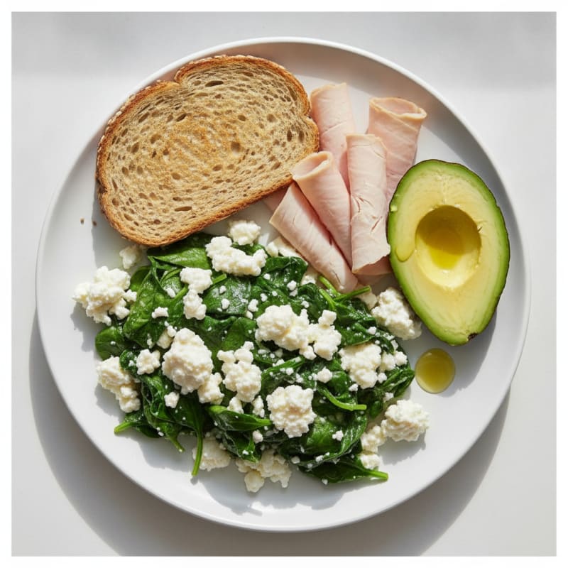 Egg White Spinach Scramble with Cottage Cheese and Sliced Turkey