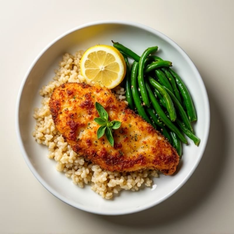 Crispy Lemon Herb Chicken with Garlic Brown Rice and Roasted Green Beans