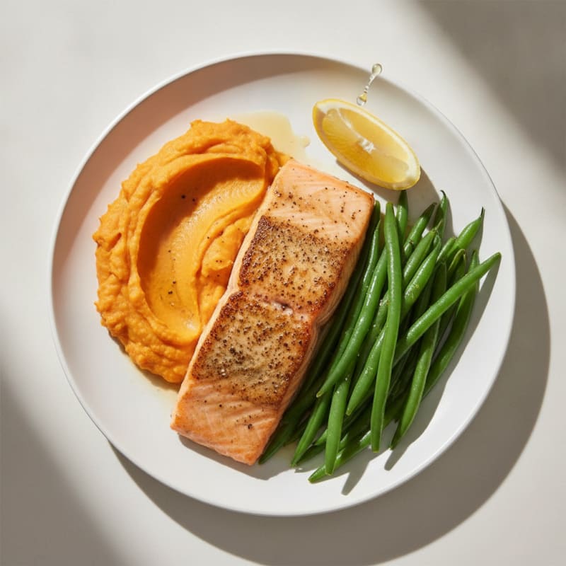 Seared Salmon Fillet with Steamed Green Beans and Sweet Potato Mash