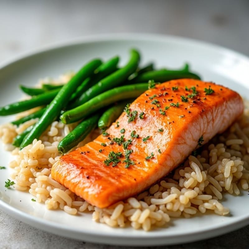 Seared Salmon with Garlic Green Beans and Brown Rice