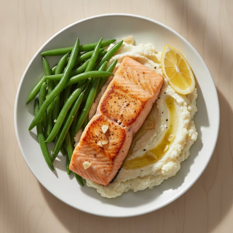 Seared Salmon Fillet with Steamed Green Beans and Garlic Mashed Cauliflower