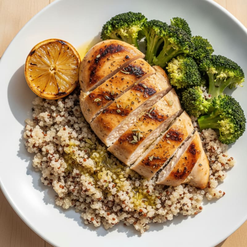 Grilled Chicken Breast with Quinoa and Steamed Broccoli
