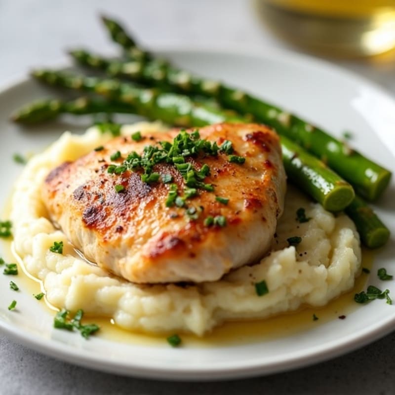 Pan-Seared Chicken with Silky Garlic Mashed Potatoes and Roasted Asparagus