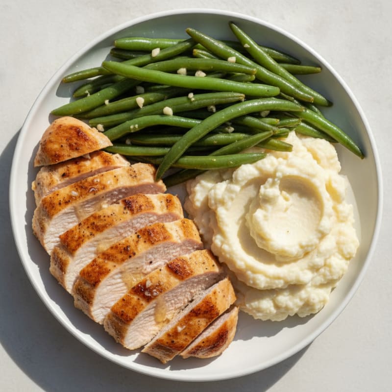 Seared Turkey Breast with Steamed Green Beans and Cauliflower Mash