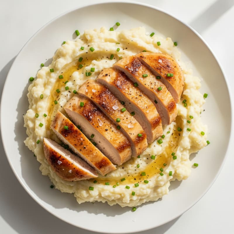 Garlic-Herb Mashed Cauliflower with Greek Yogurt & Pan-Seared Chicken