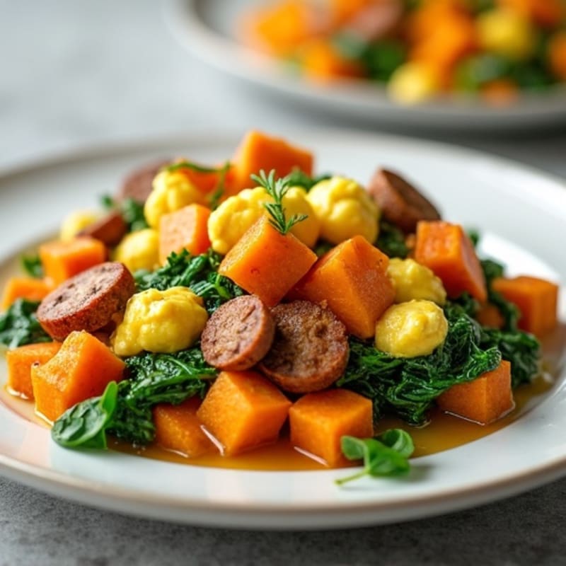Sweet Potato and Spinach Egg Scramble with Crispy Turkey Sausage