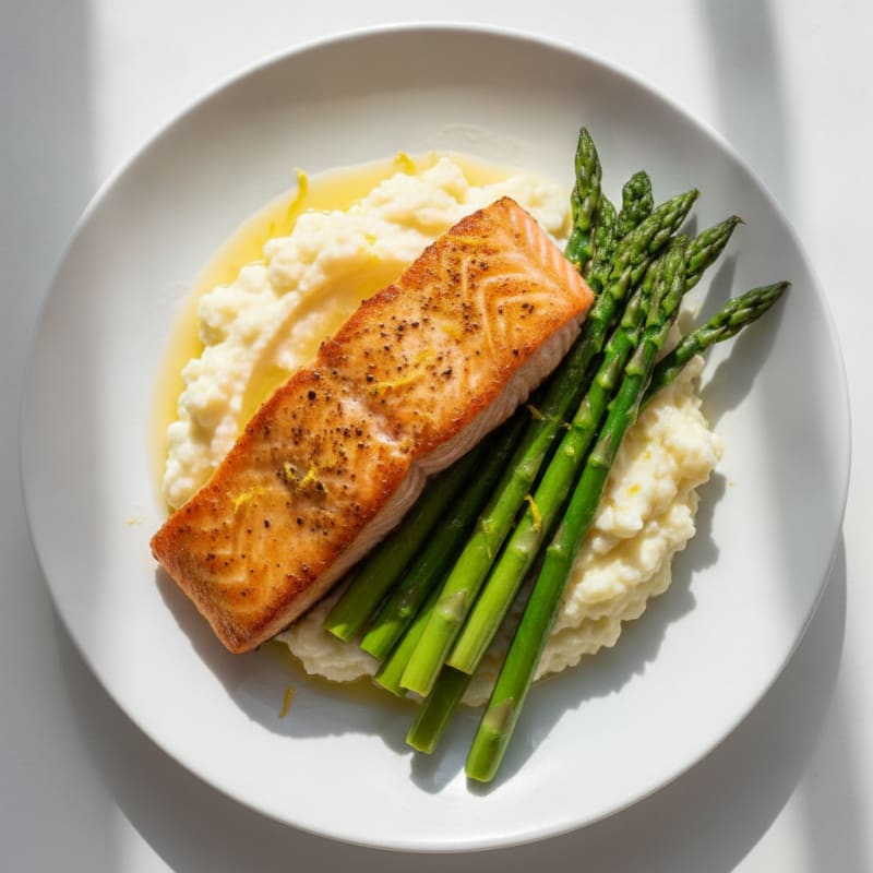Seared Salmon with Steamed Asparagus and Garlic Mashed Cauliflower