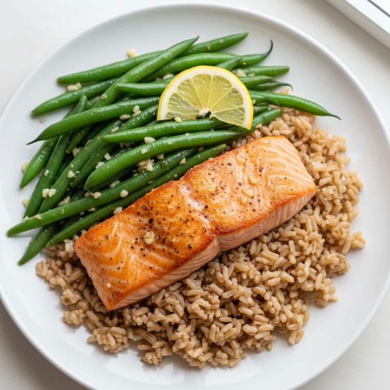 Seared Salmon with Garlic Green Beans and Brown Rice