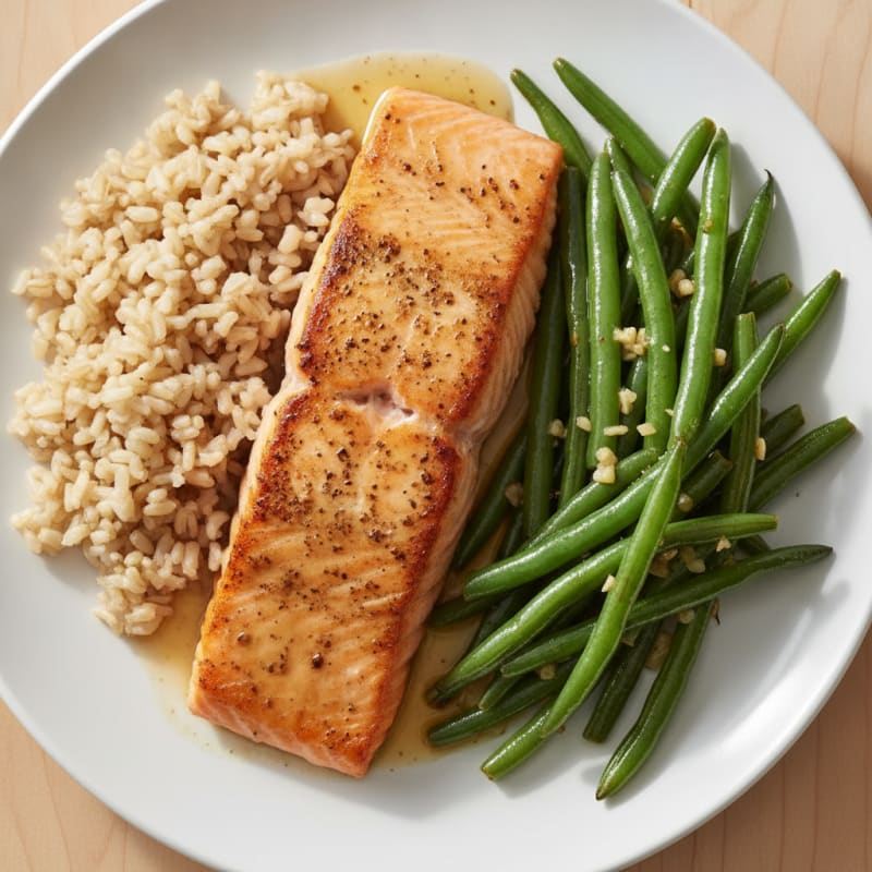 Seared Salmon with Garlic Green Beans and Brown Rice