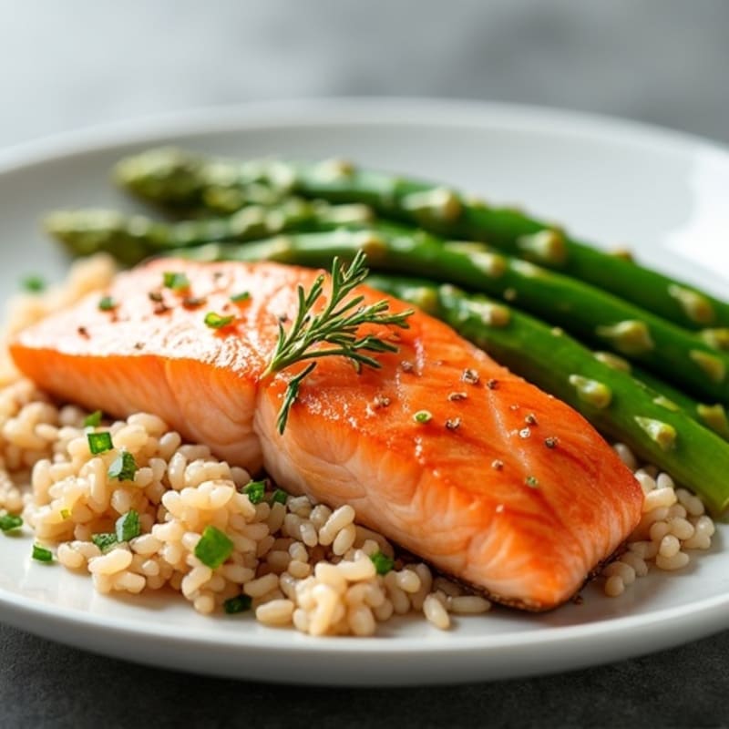 Seared Salmon with Steamed Asparagus and Brown Rice