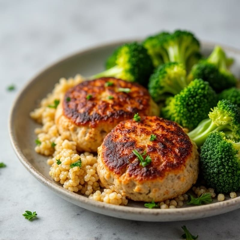 Seared Turkey Patties with Steamed Broccoli and Quinoa