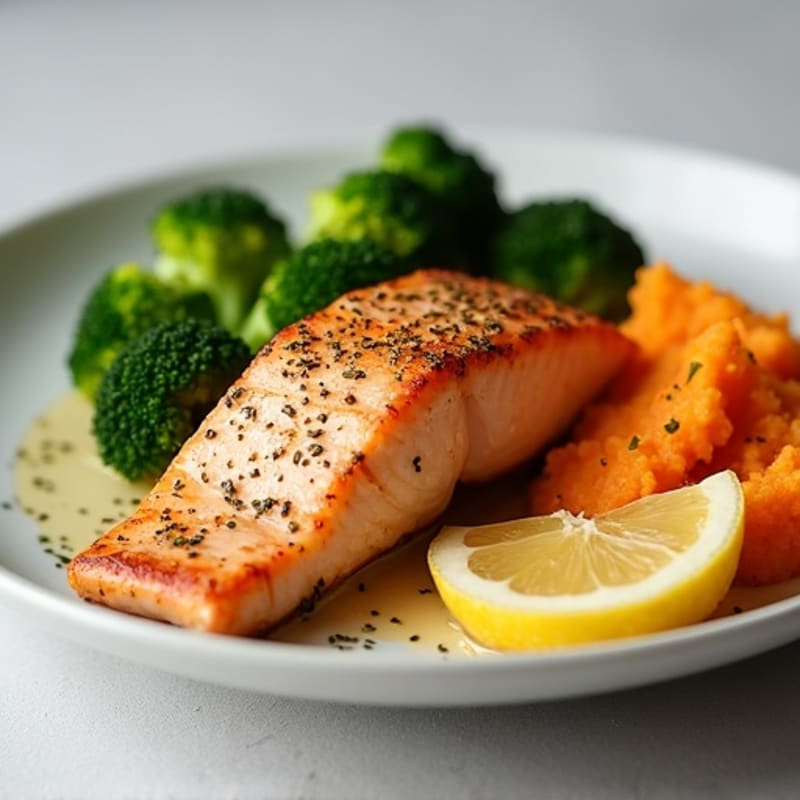 Seared Salmon with Steamed Broccoli and Sweet Potato Mash