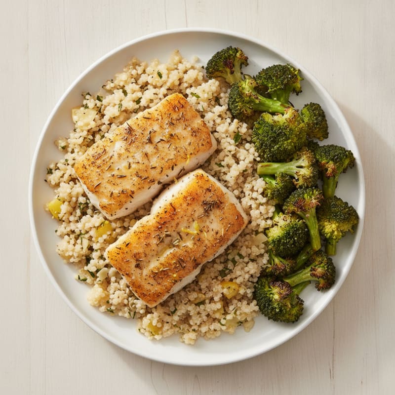 Herb-Roasted Cod with Lemon Garlic Quinoa and Roasted Broccoli