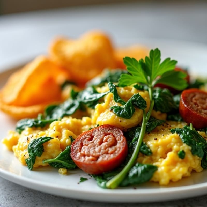 Scrambled Eggs with Sautéed Spinach and Crispy Chicken Sausage