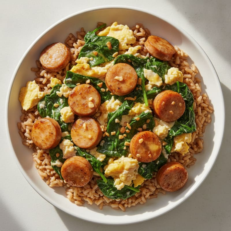 Chicken Sausage and Spinach Scramble with Brown Rice