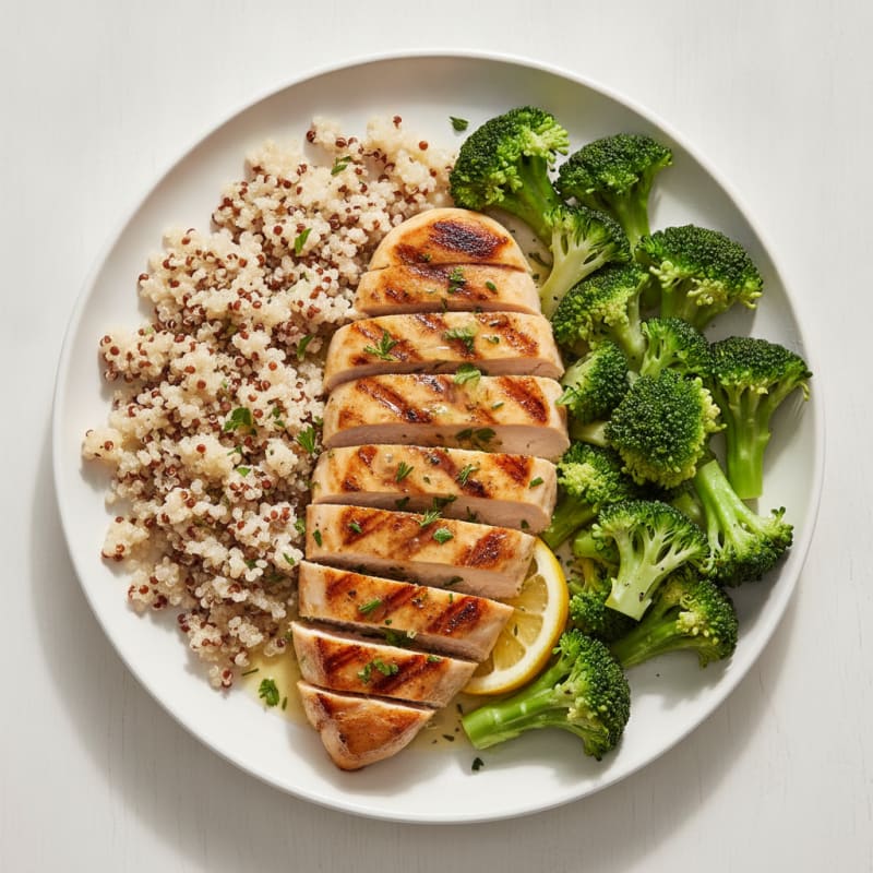 Grilled Chicken Breast with Steamed Broccoli and Quinoa