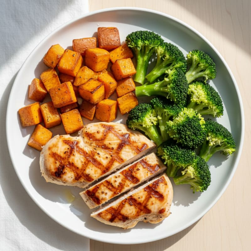 Grilled Chicken and Steamed Broccoli with Roasted Sweet Potatoes