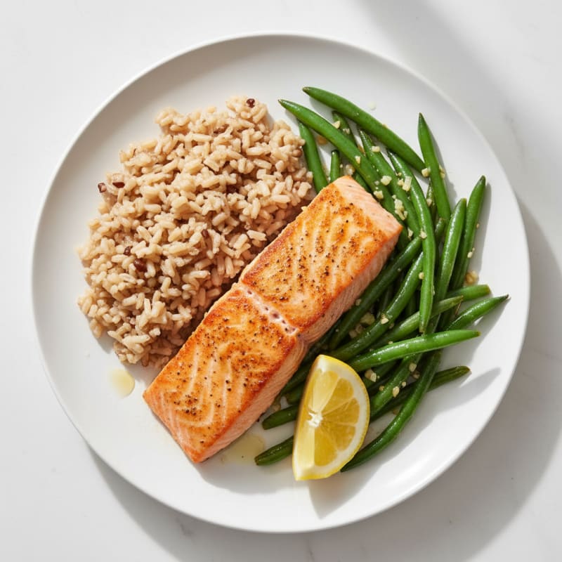 Seared Salmon Fillet with Garlic Green Beans and Brown Rice