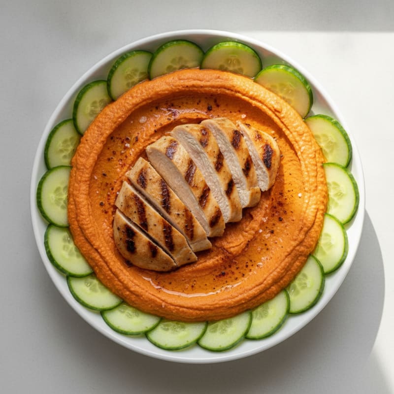 Roasted Red Pepper Hummus Dip with Grilled Chicken