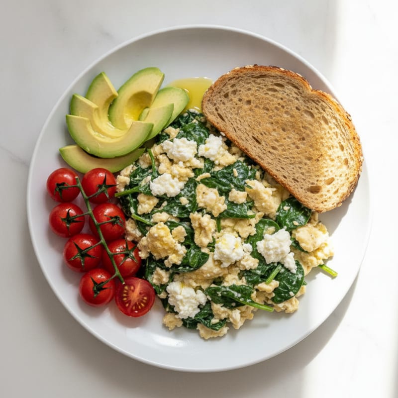 Egg White Spinach Scramble with Cottage Cheese and Fresh Tomatoes