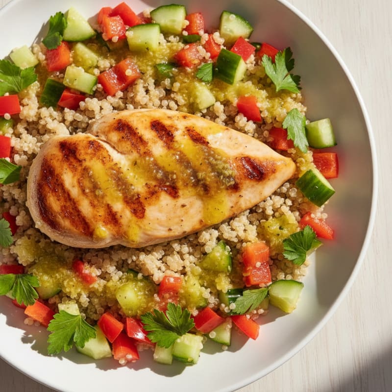 Grilled Chicken Breast with Quinoa and Crunchy Vegetable Salad
