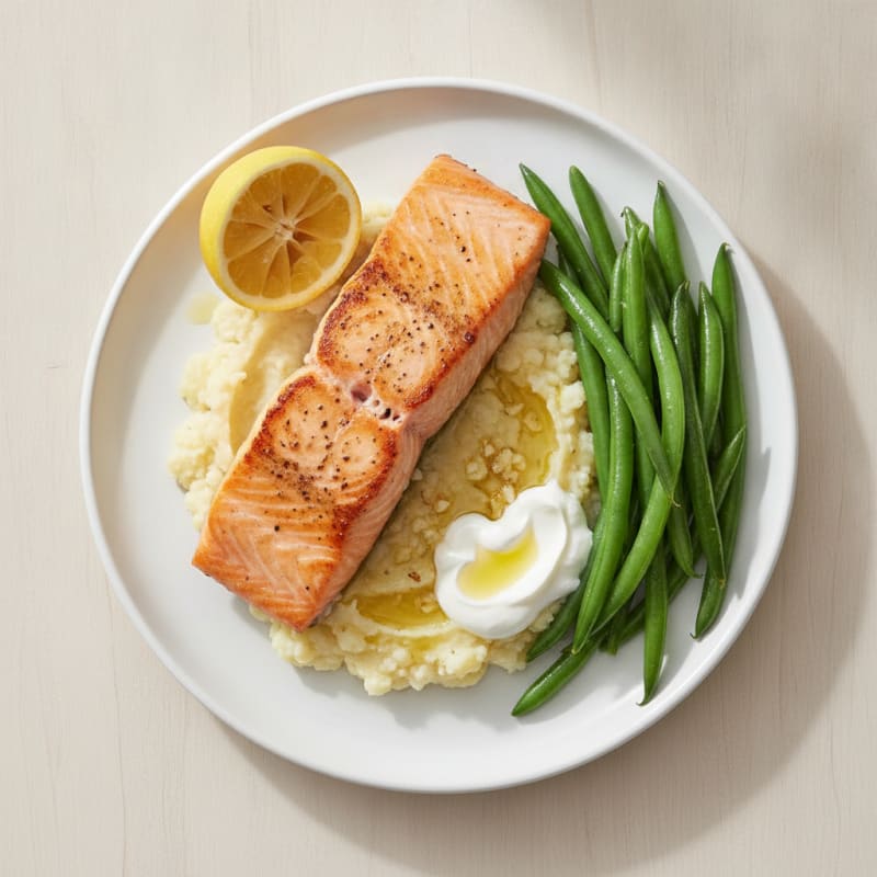 Seared Salmon with Steamed Green Beans and Cauliflower Mash
