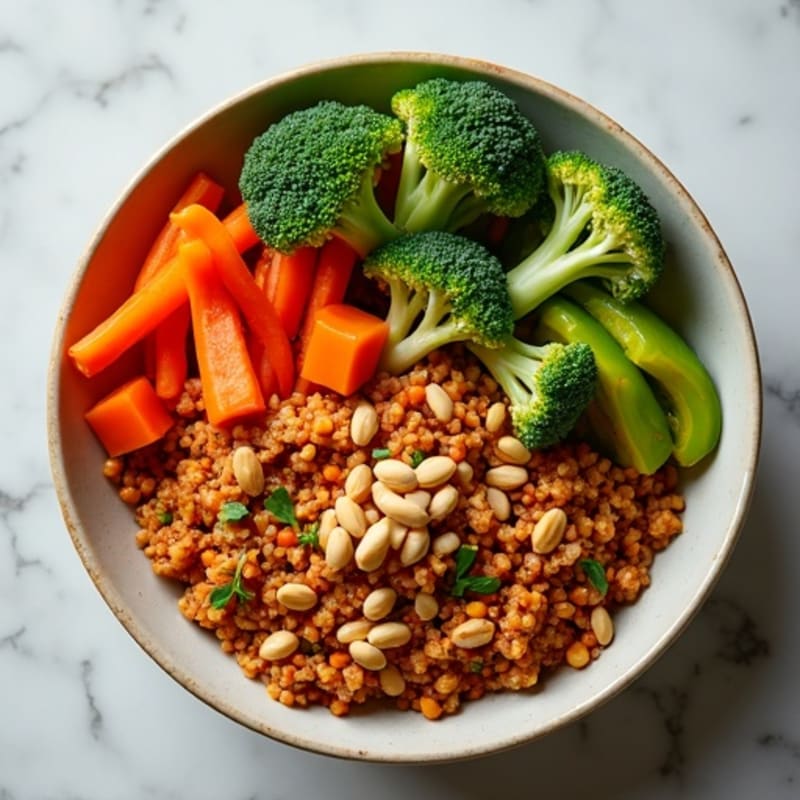 Spicy Sesame Ground Chicken and Veggie Bowl with Crunchy Peanuts