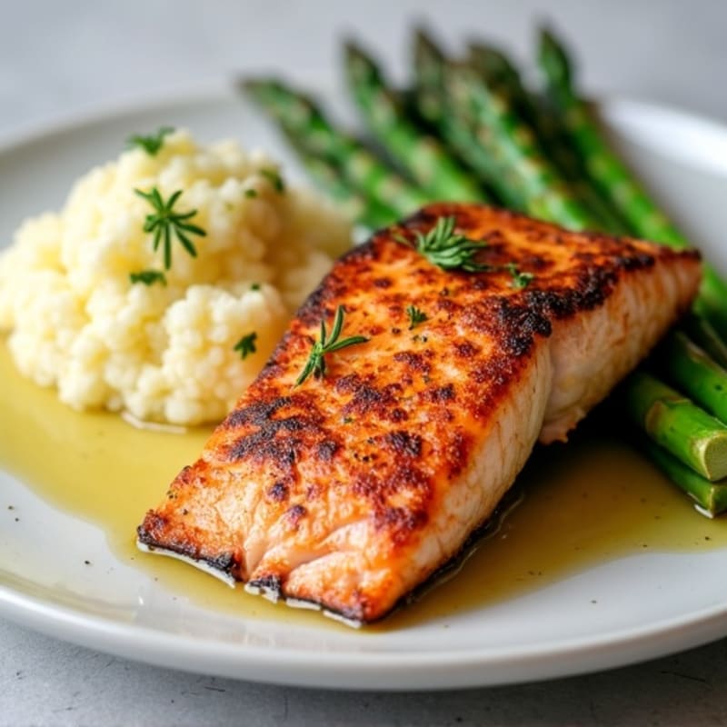 Seared Salmon Fillet with Steamed Asparagus and Garlic Mashed Cauliflower